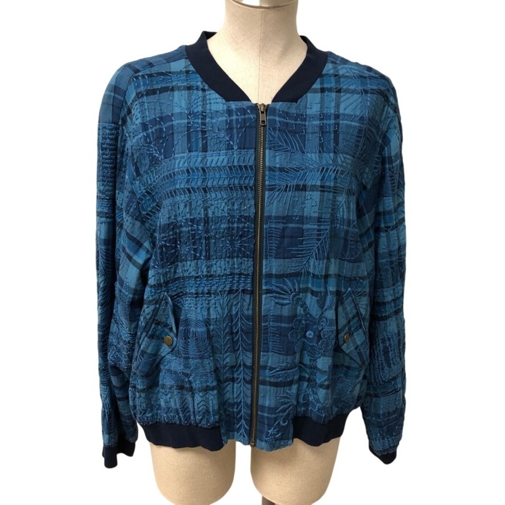 Johnny Was Kairi Plaid Bomber Jacket Womens XL Blue Embroidered Boho Artsy NEW